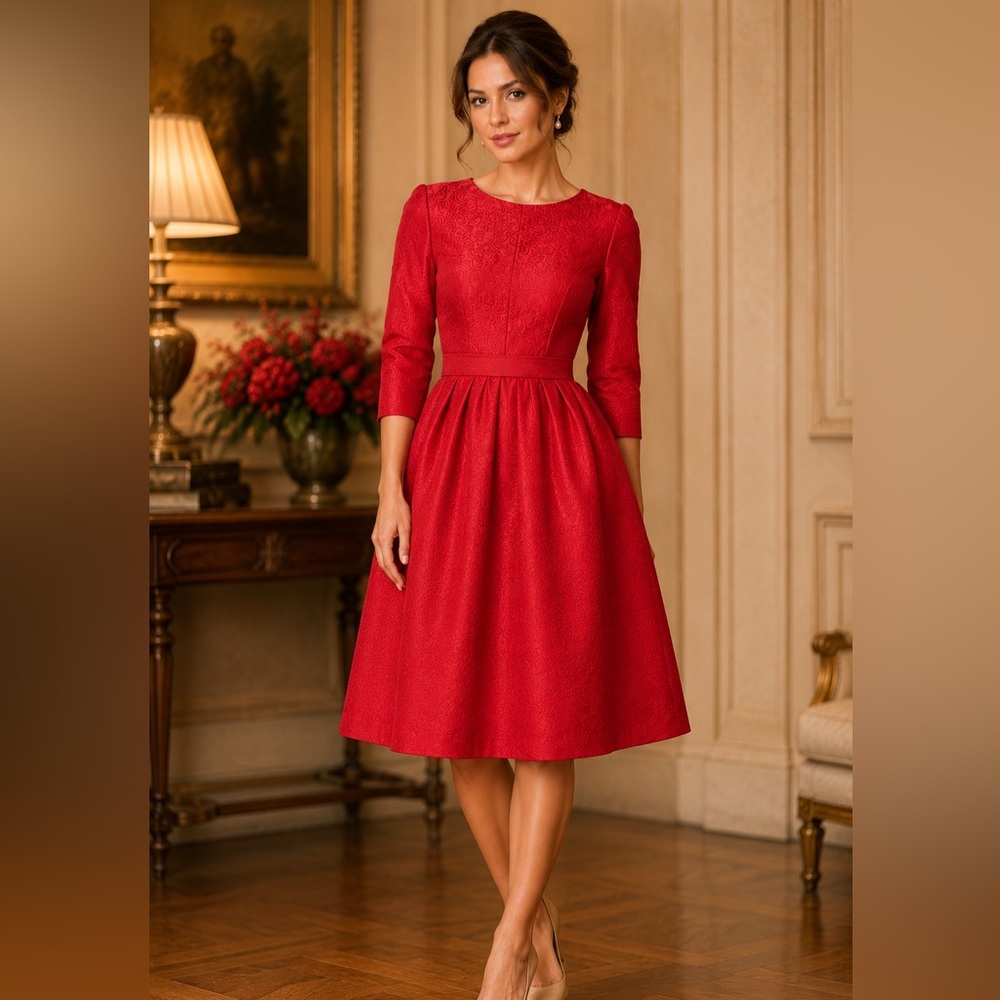 Tina 💋 Red Embossed Floral Brocade Dress – 💃🏽Luxe Textured